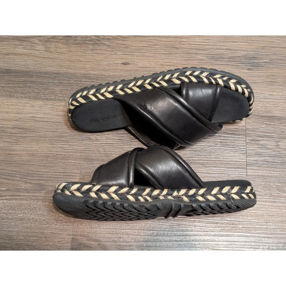 Tory Burch Black Leather Crisscross Espadrille Platform Slides Sandals  8.5
